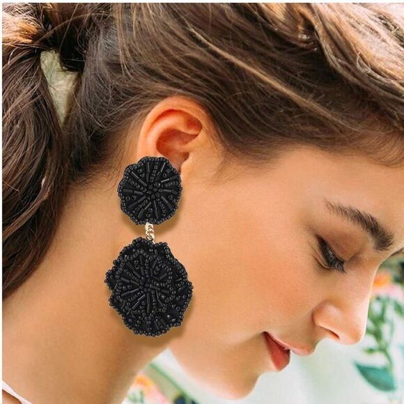 Black Beaded Double Flower Boho Dangling Drop Statement Post Back Earrings - Picture 4 of 5